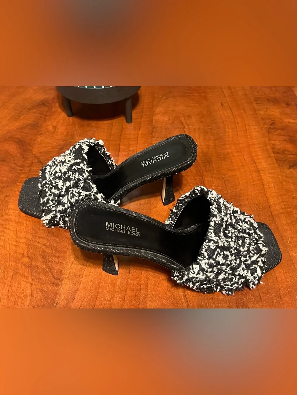 Michael Kors Black and White Tweed Slide Mules